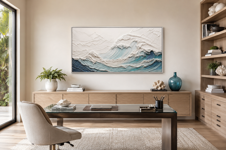 Modern teal ocean wave canvas with 3D illusion hanging in a minimalist home office.