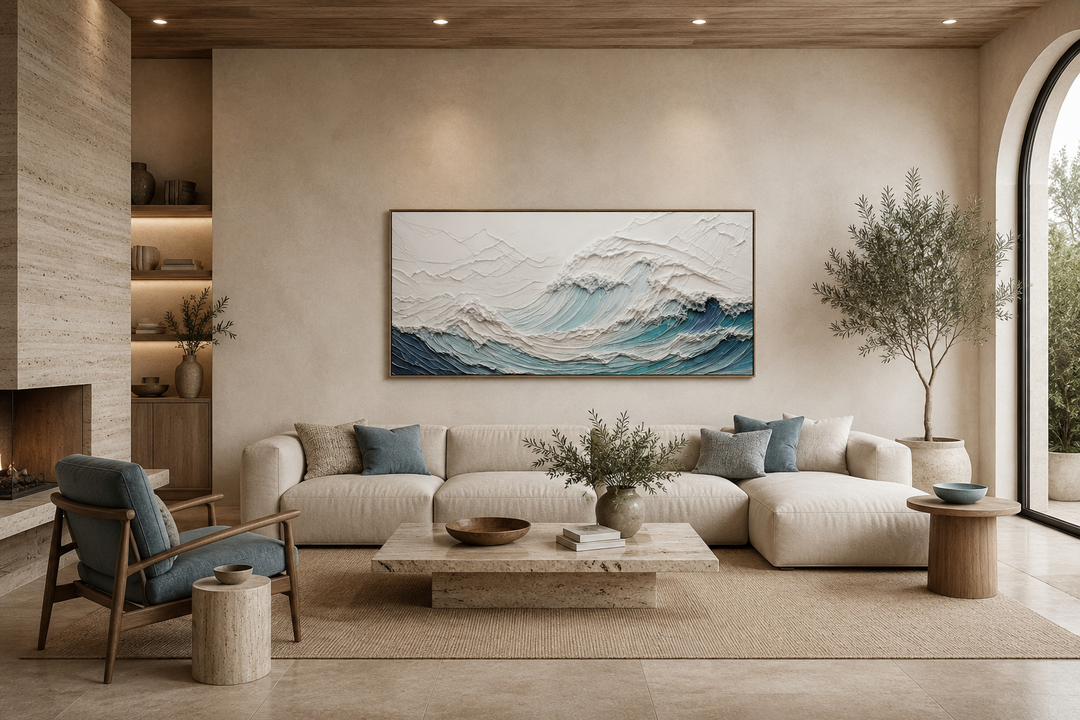 Textured 3D teal ocean wave canvas art centered above a modern sofa in a neutral living room.