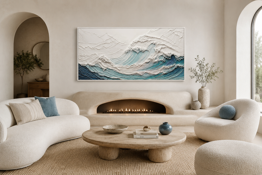 Textured 3D teal ocean wave canvas art above a modern fireplace in a neutral living room.