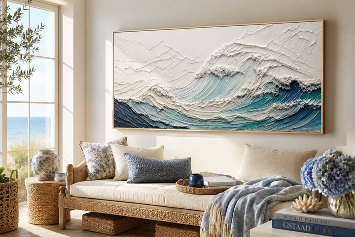 Textured 3D teal ocean wave canvas wall art above a coastal-style daybed in a bright room.