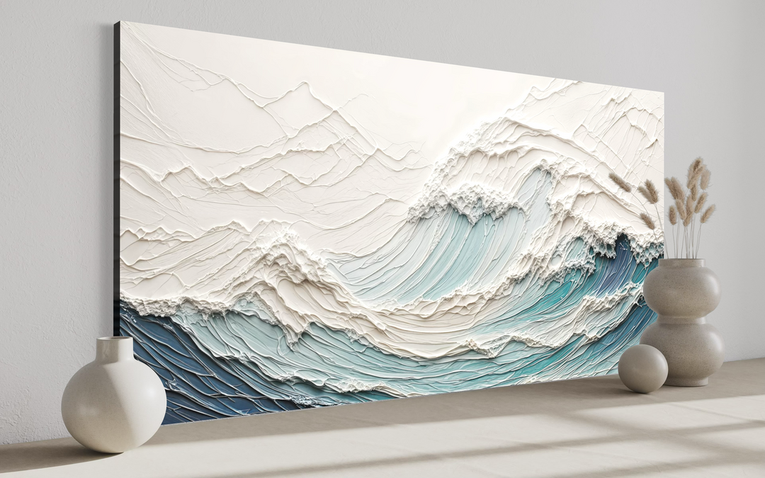 Textured teal and white ocean wave canvas art with 3D illusion in a modern room setting.