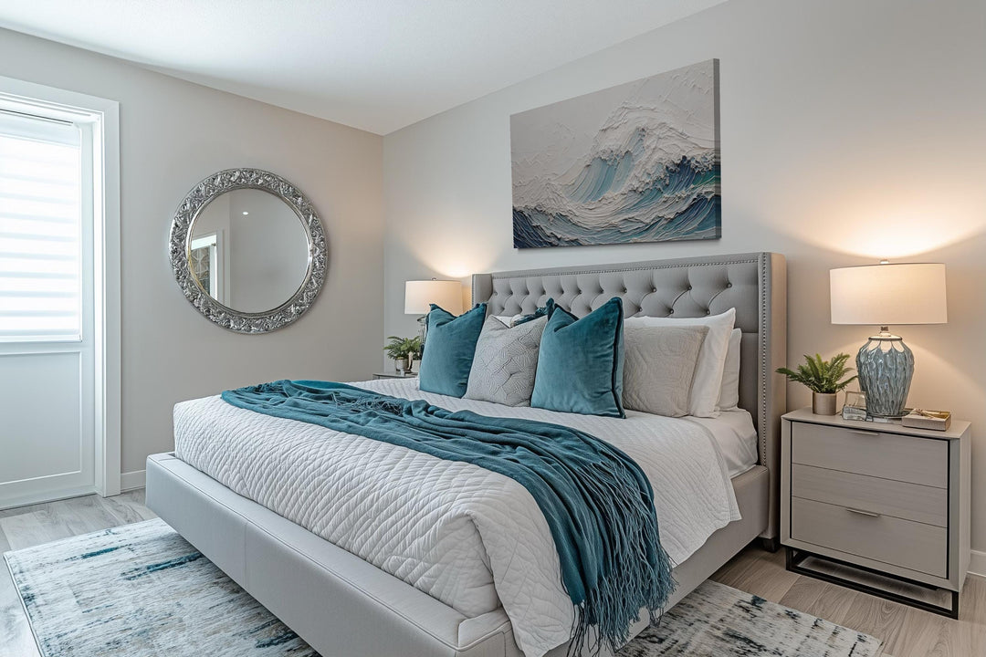 Textured teal ocean wave canvas art with a 3D illusion hanging above a modern tufted bed.