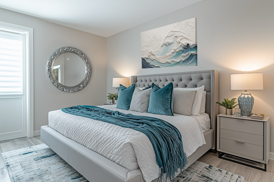 Textured teal and white ocean wave canvas art displayed above a tufted grey bed in a modern bedroom.