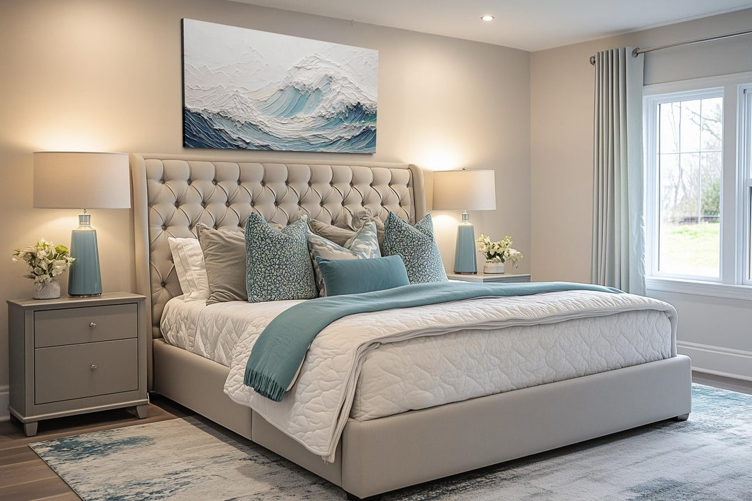 Ocean wave wall art with a 3D illusion teal wave canvas hangs above a tufted bed in a modern bedroom.