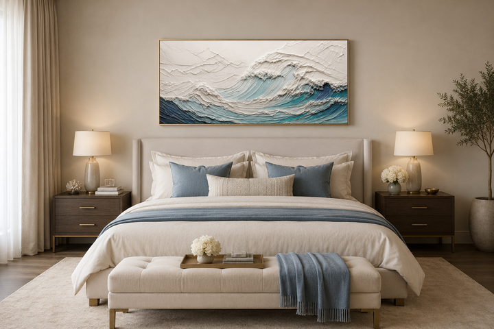 Textured teal and white ocean wave canvas art hanging above a bed in a modern neutral bedroom.