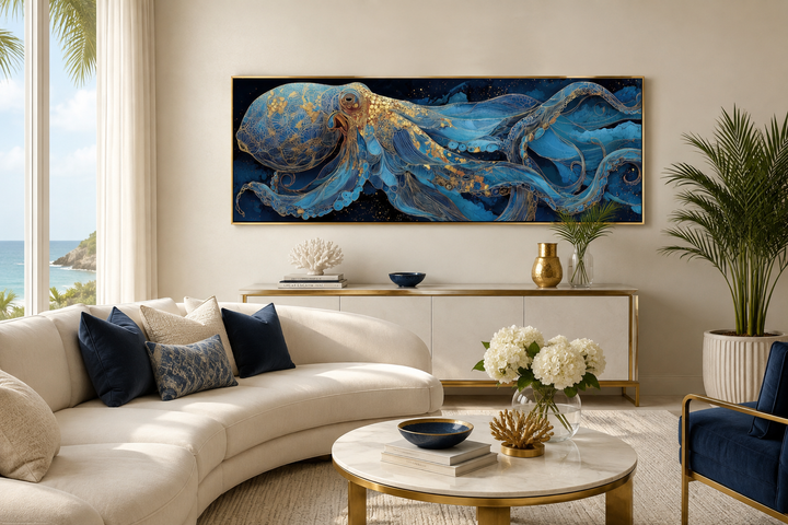 Horizontal canvas wall art of a blue and gold octopus in a coastal living room setting.
