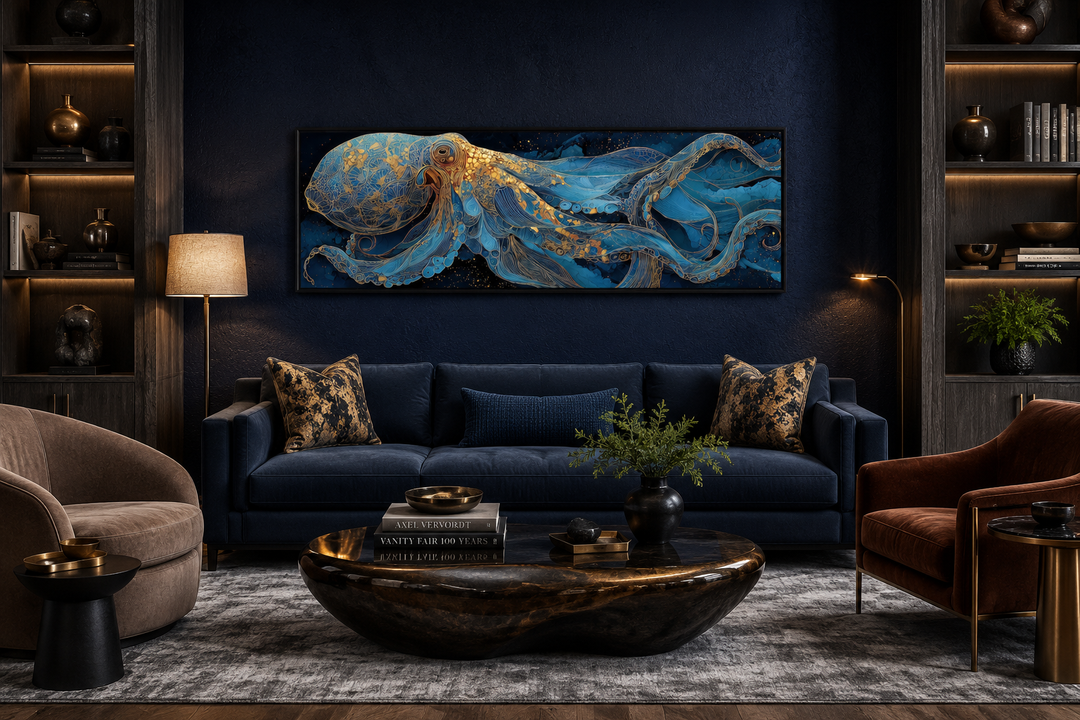 Horizontal canvas wall art of a blue and gold octopus above a navy sofa in a dark living room.