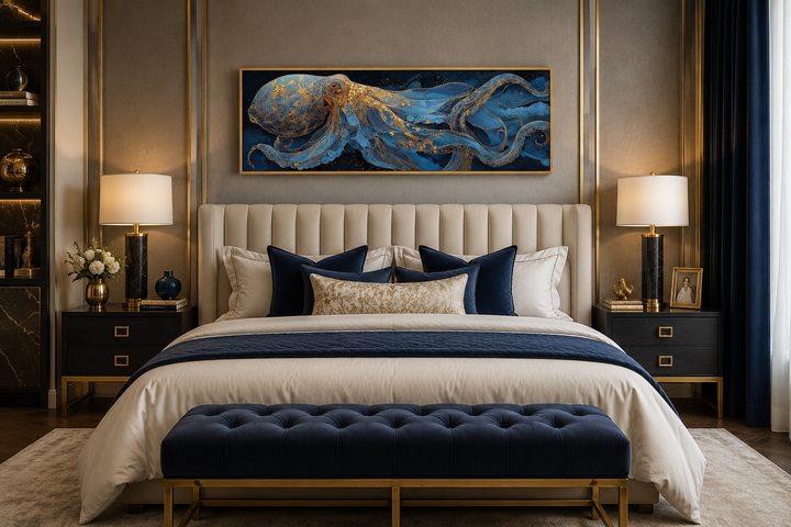 Horizontal canvas wall art of a blue and gold octopus hanging above a bed in a modern bedroom.
