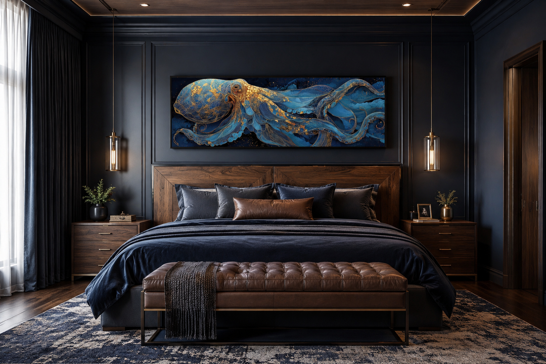 Horizontal canvas wall art of a blue and gold octopus above a bed in a dark, modern bedroom.