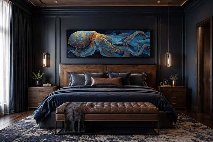 Horizontal canvas wall art of a blue and gold octopus above a bed in a dark, modern bedroom.
