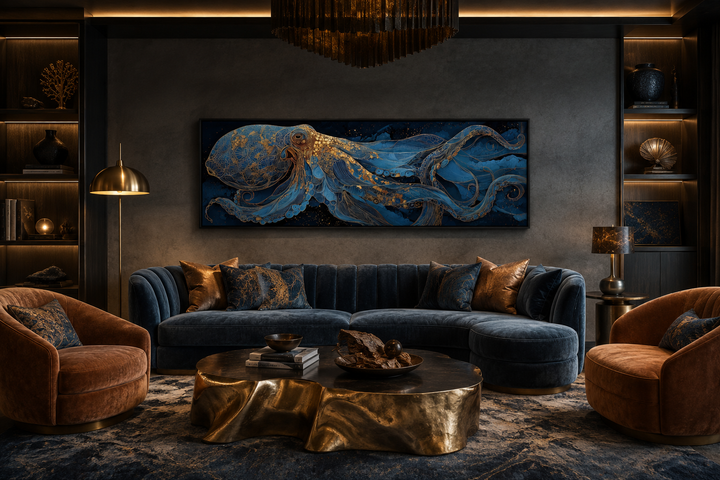 Horizontal canvas wall art of a blue and gold octopus in a dark, modern living room setting.