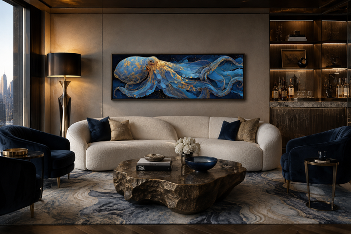 Horizontal blue and gold octopus canvas wall art hanging above a sofa in a modern living room.