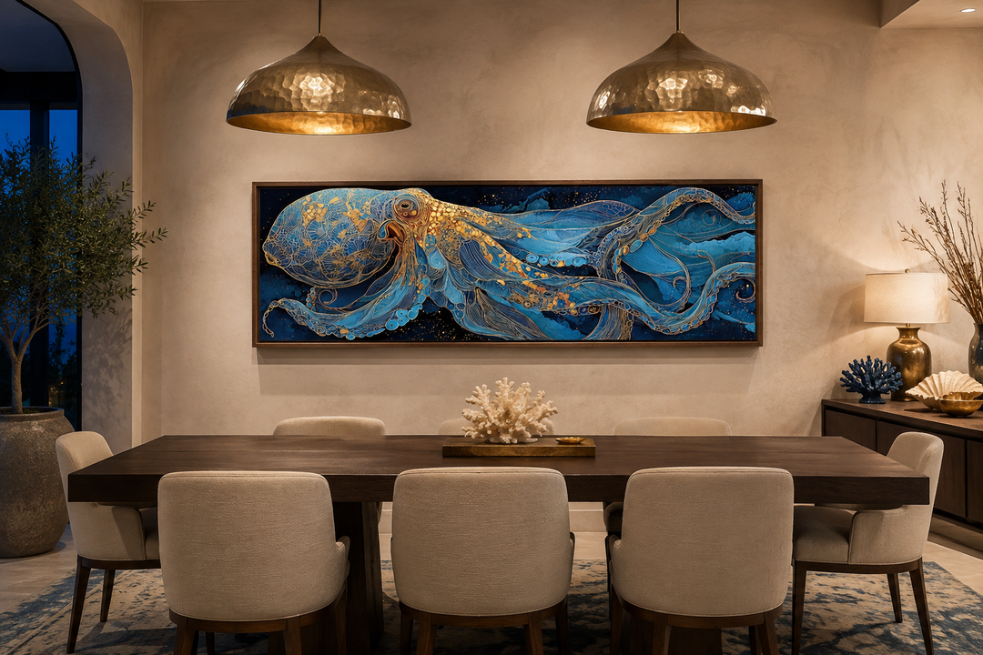 Horizontal canvas wall art of a blue and gold octopus above a dining table in a coastal room.