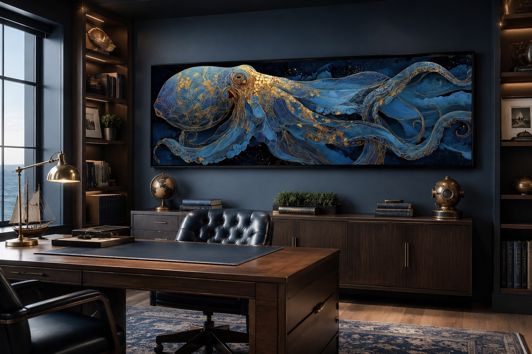 Horizontal canvas wall art of a blue and gold octopus in a dark, nautical-themed office.