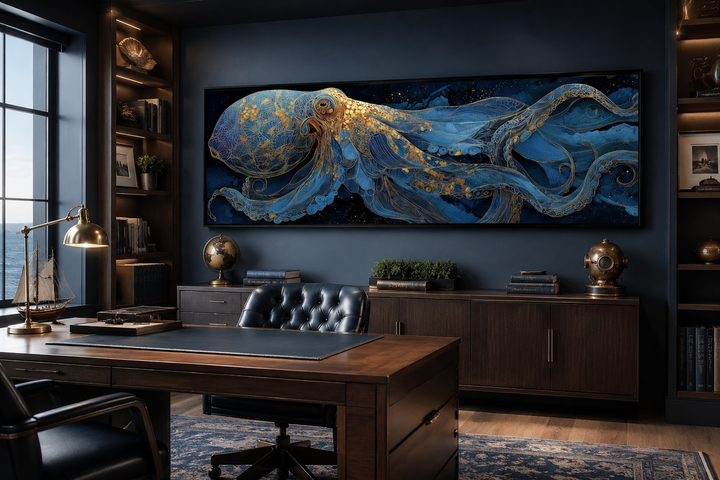 Horizontal canvas wall art of a blue and gold octopus in a dark, nautical-themed office.