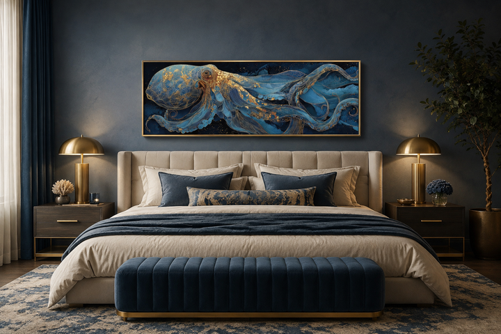 Horizontal canvas wall art of a blue and gold octopus above a bed in a modern nautical bedroom.