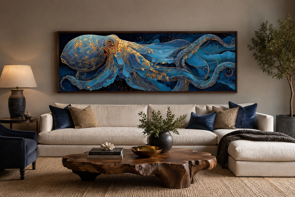 Horizontal blue and gold octopus canvas wall art hanging above a cream sofa in a living room.