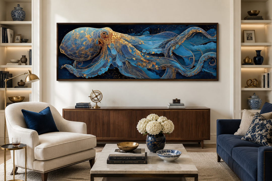 Horizontal canvas wall art of a blue and gold octopus in a modern coastal living room.