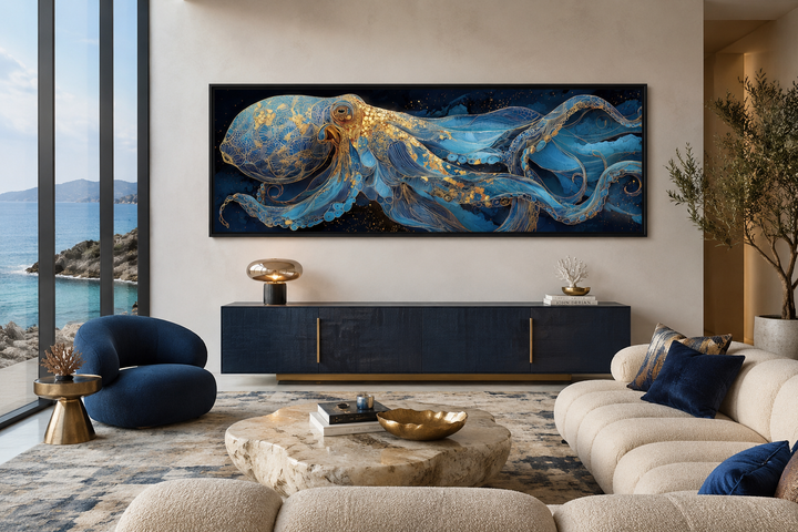 Horizontal canvas wall art of a blue and gold octopus in a modern coastal living room.