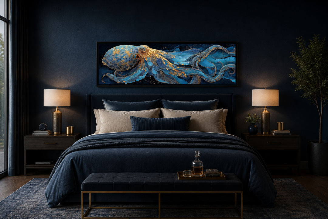Horizontal canvas wall art of a blue and gold octopus above a bed in a dark blue bedroom.