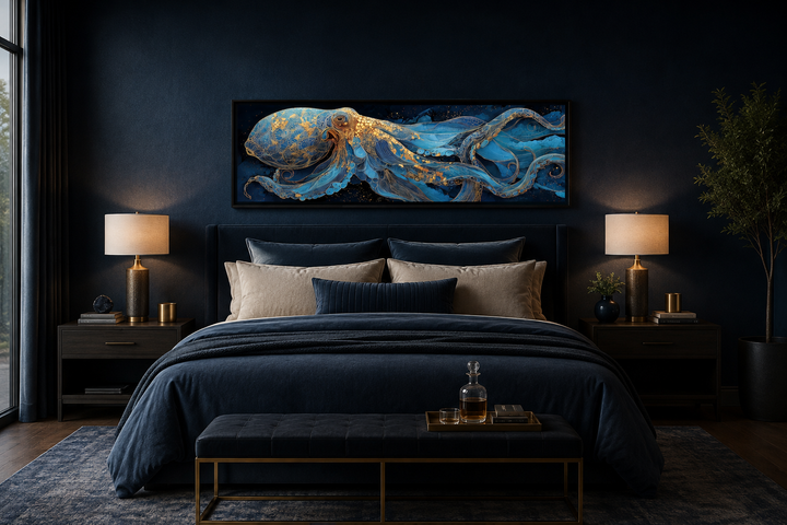 Horizontal canvas wall art of a blue and gold octopus above a bed in a dark blue bedroom.