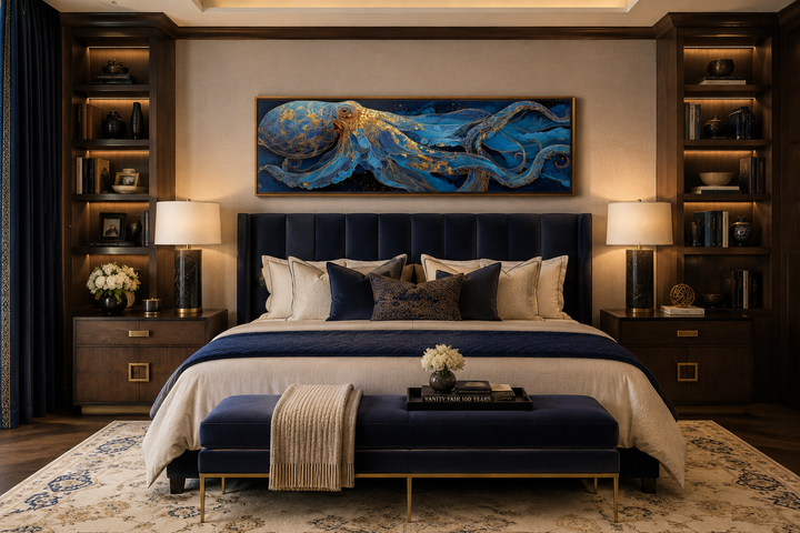 Horizontal canvas wall art of a blue and gold octopus hanging above a bed in a modern bedroom.
