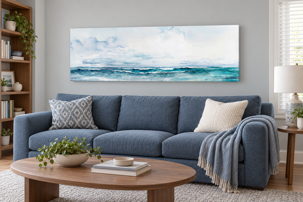 Minimalist ocean blue and gray horizontal canvas wall art hanging above a blue sofa in a living room.