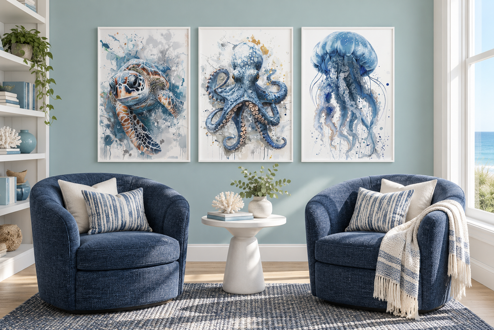 Three-piece marine animal wall art set featuring a sea turtle, octopus, and jellyfish in blue tones.