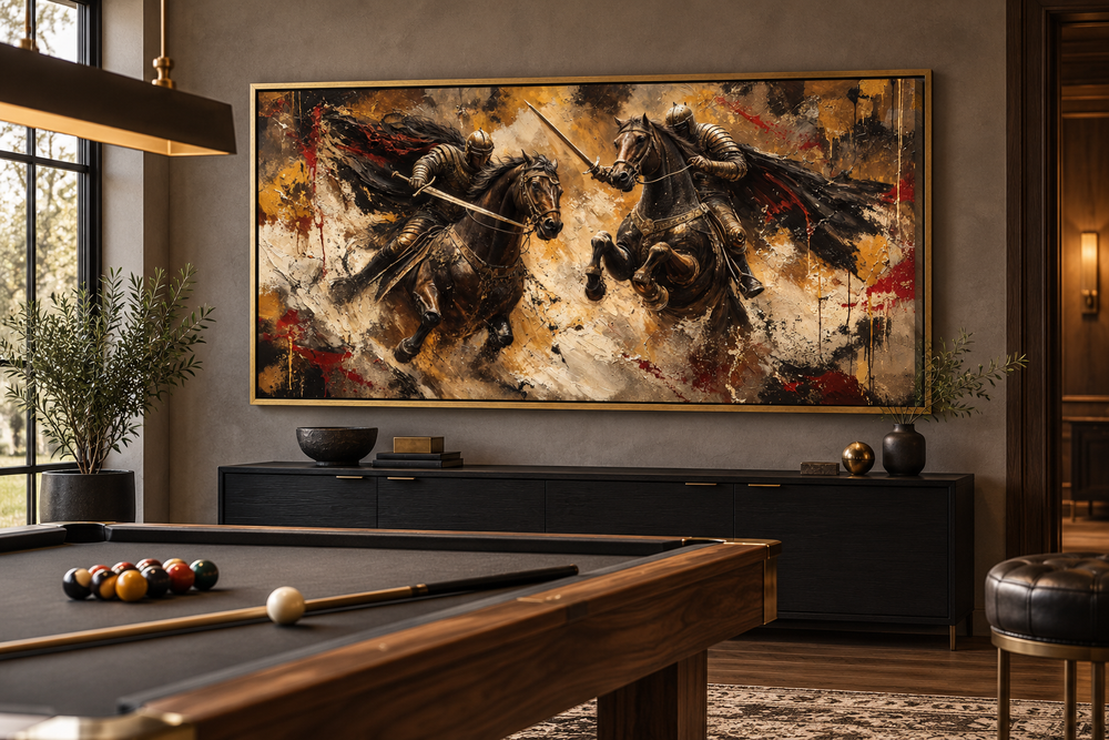 Horizontal framed canvas painting of two medieval knights dueling on horseback in a man cave.