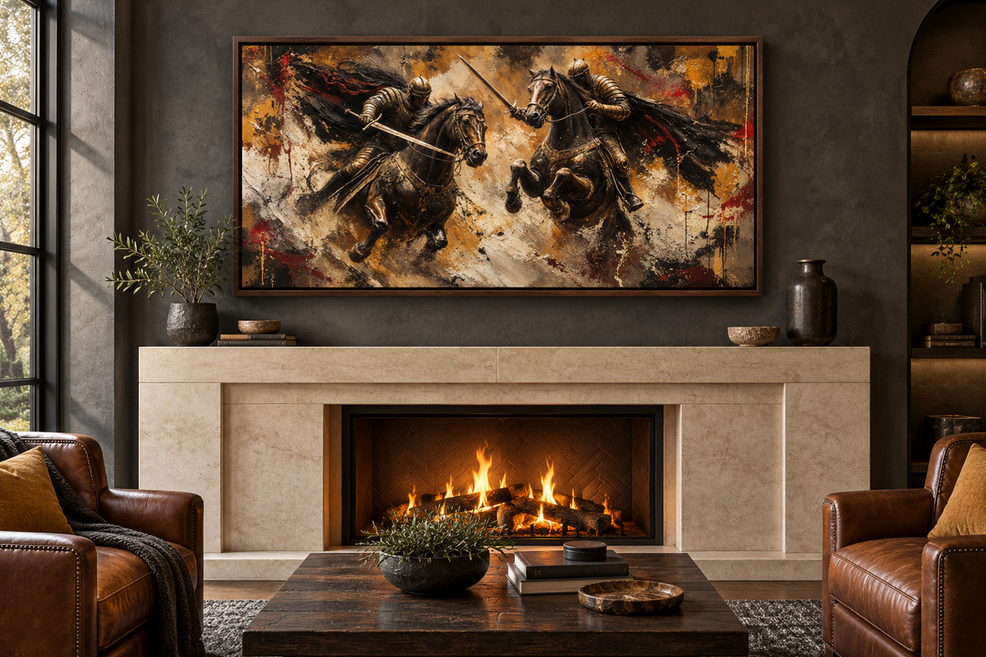 Framed horizontal canvas of two medieval knights dueling on horseback above a modern fireplace.