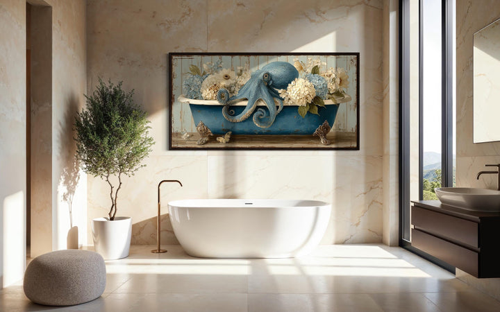 Octopus In Bathtub With Flowers Canvas Wall Art