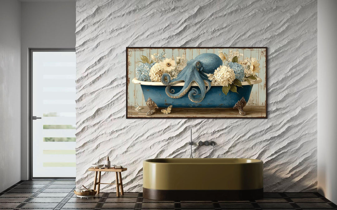 Octopus In Bathtub With Flowers Canvas Wall Art