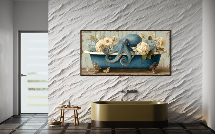 Octopus In Bathtub With Flowers Canvas Wall Art