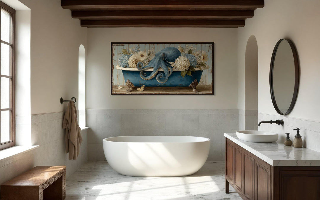 Octopus In Bathtub With Flowers Canvas Wall Art