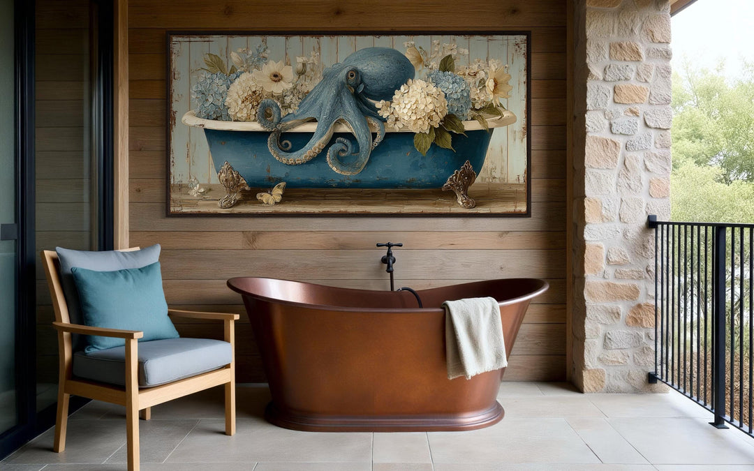 Octopus In Bathtub With Flowers Canvas Wall Art
