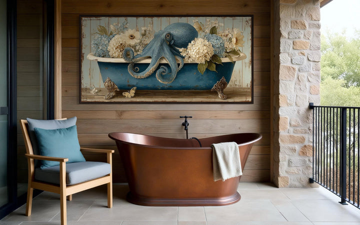 Octopus In Bathtub With Flowers Canvas Wall Art