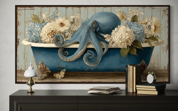 Octopus In Bathtub With Flowers Canvas Wall Art