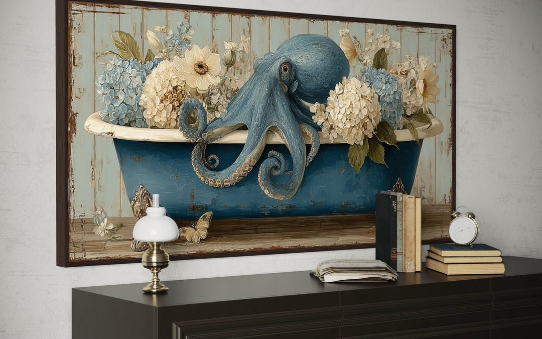 Octopus In Bathtub With Flowers Canvas Wall Art