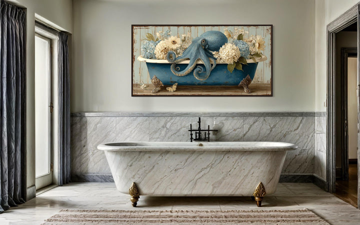 Octopus In Bathtub With Flowers Canvas Wall Art