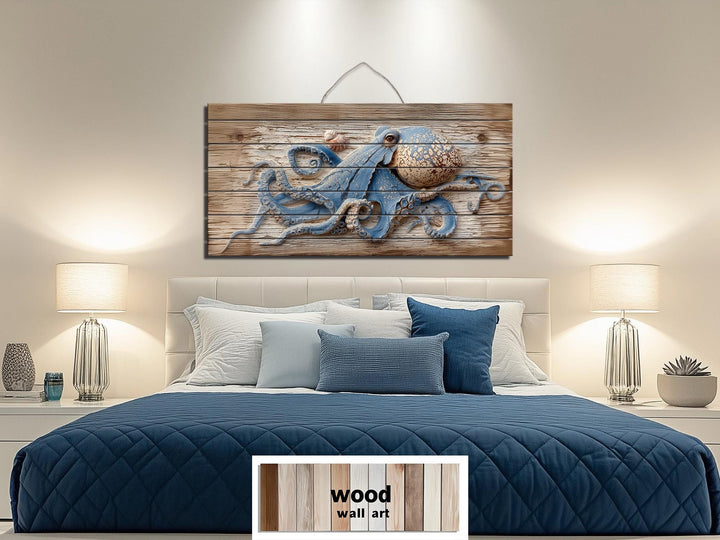Octopus On Driftwood Painting Distressed Wood Wall Art