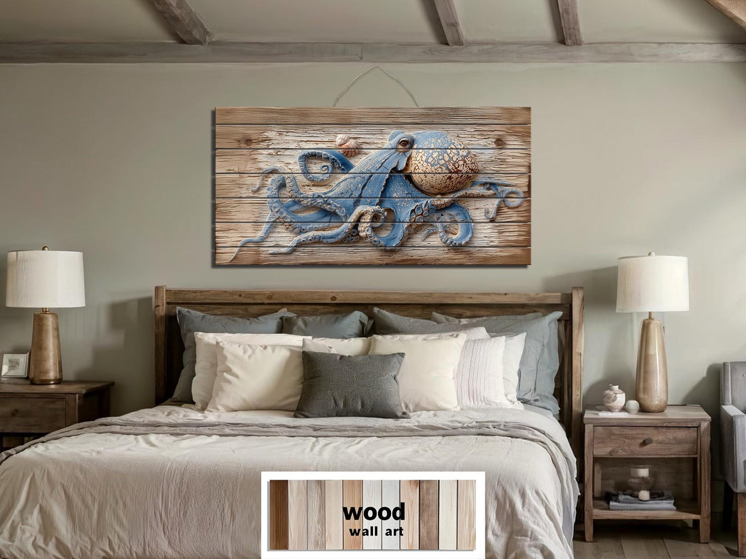 Octopus On Driftwood Painting Distressed Wood Wall Art