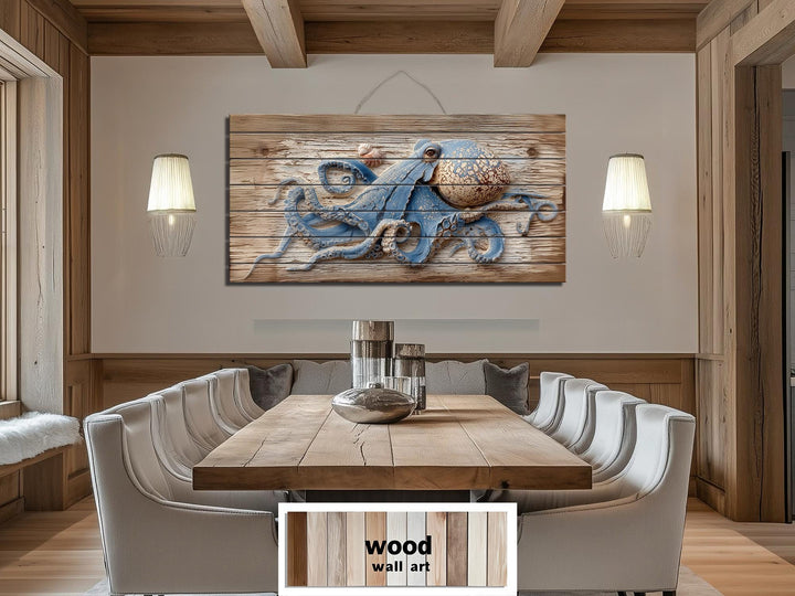 Octopus On Driftwood Painting Distressed Wood Wall Art