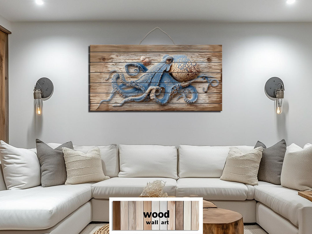 Octopus On Driftwood Painting Distressed Wood Wall Art