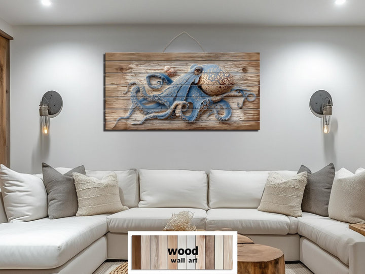 Octopus On Driftwood Painting Distressed Wood Wall Art