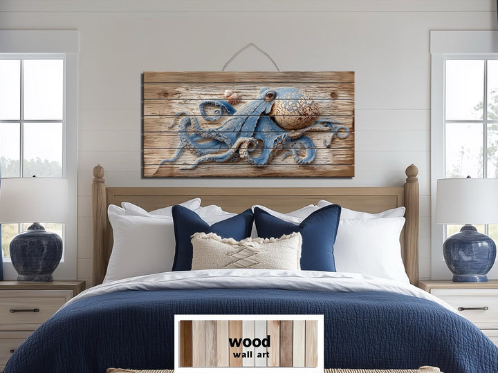 Octopus On Driftwood Painting Distressed Wood Wall Art