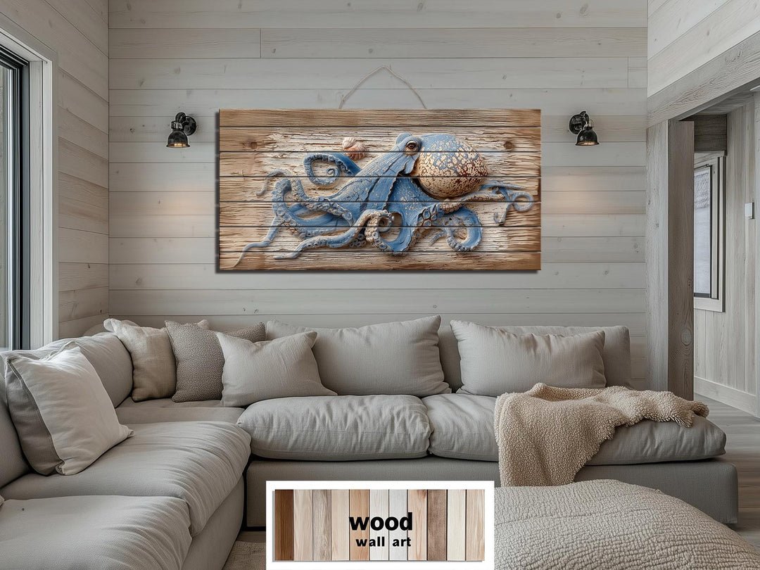 Octopus On Driftwood Painting Distressed Wood Wall Art