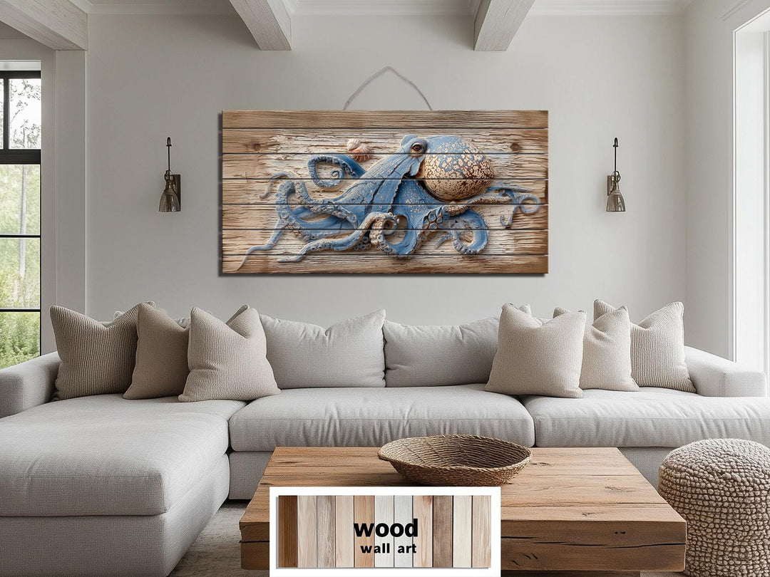 Octopus On Driftwood Painting Distressed Wood Wall Art