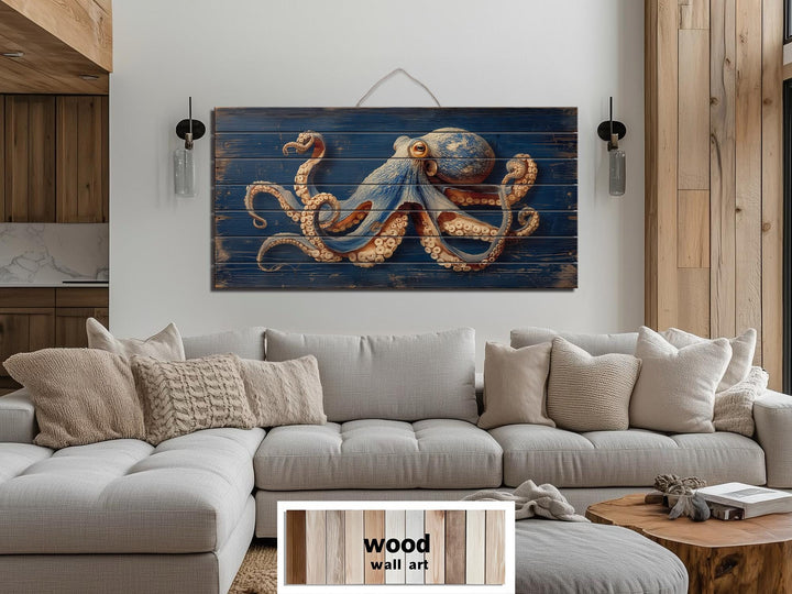 Octopus On Navy Blue Distressed Wood Wall Art