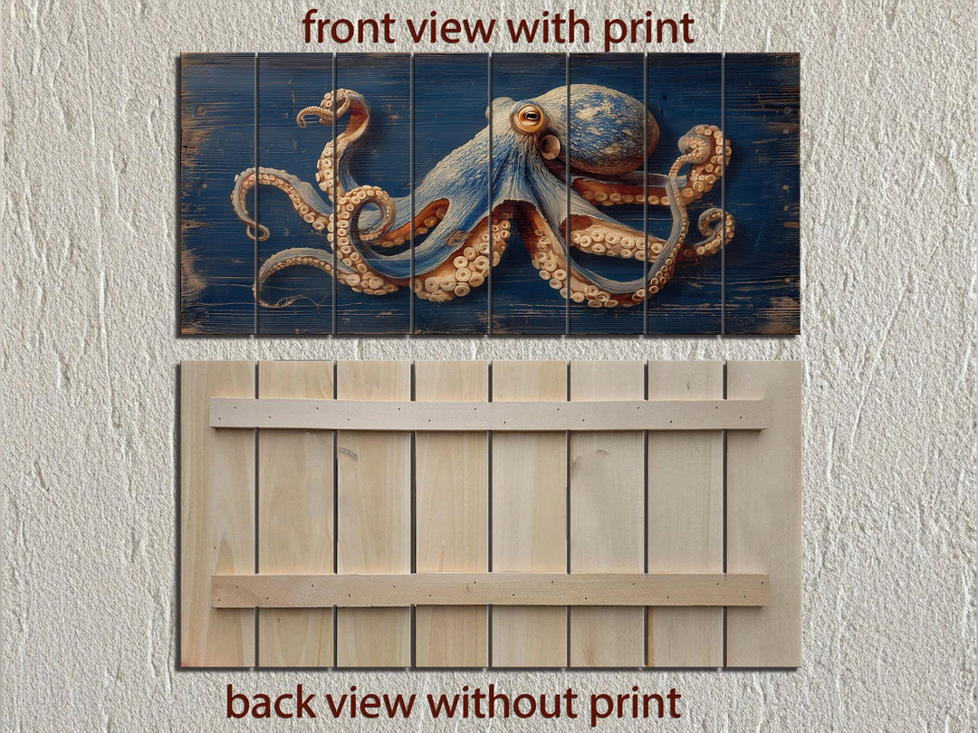 Octopus On Navy Blue Distressed Wood Wall Art