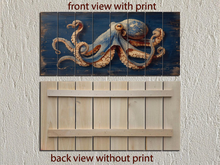 Octopus On Navy Blue Distressed Wood Wall Art